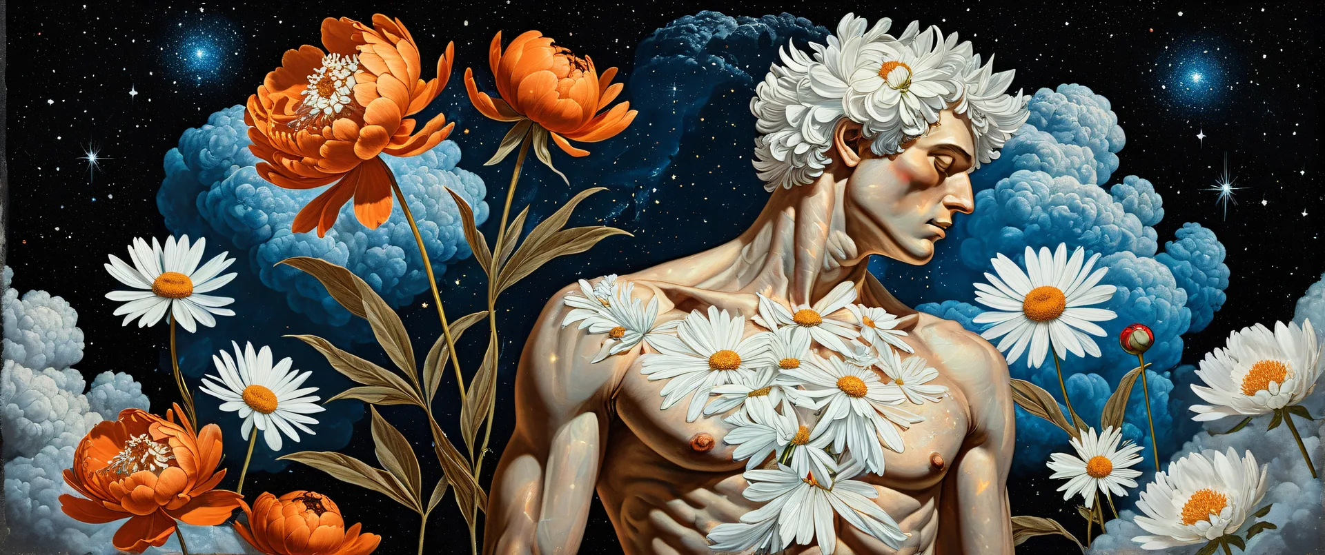 Figura humana con flores blancas y naranjas sobre fondo estrellado