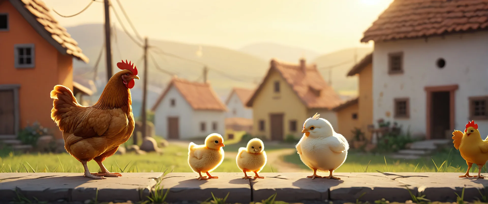 Gallina con pollitos en acera frente a casas rurales