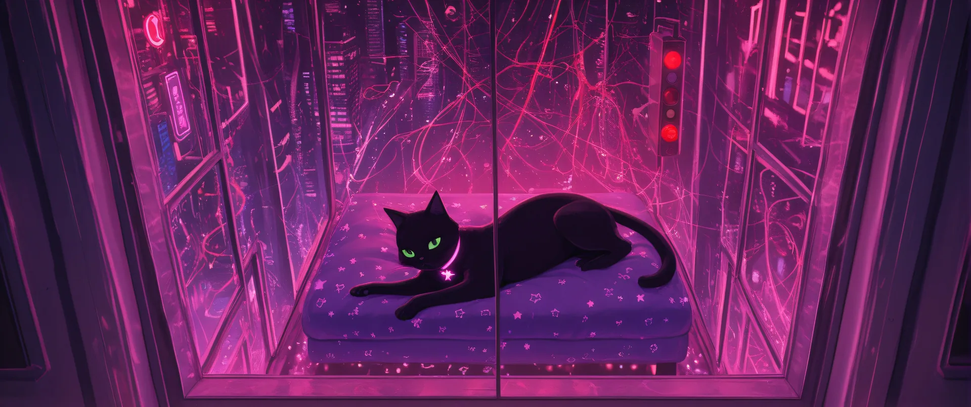Gato negro sobre cojín estrellado en cabina neón rosa