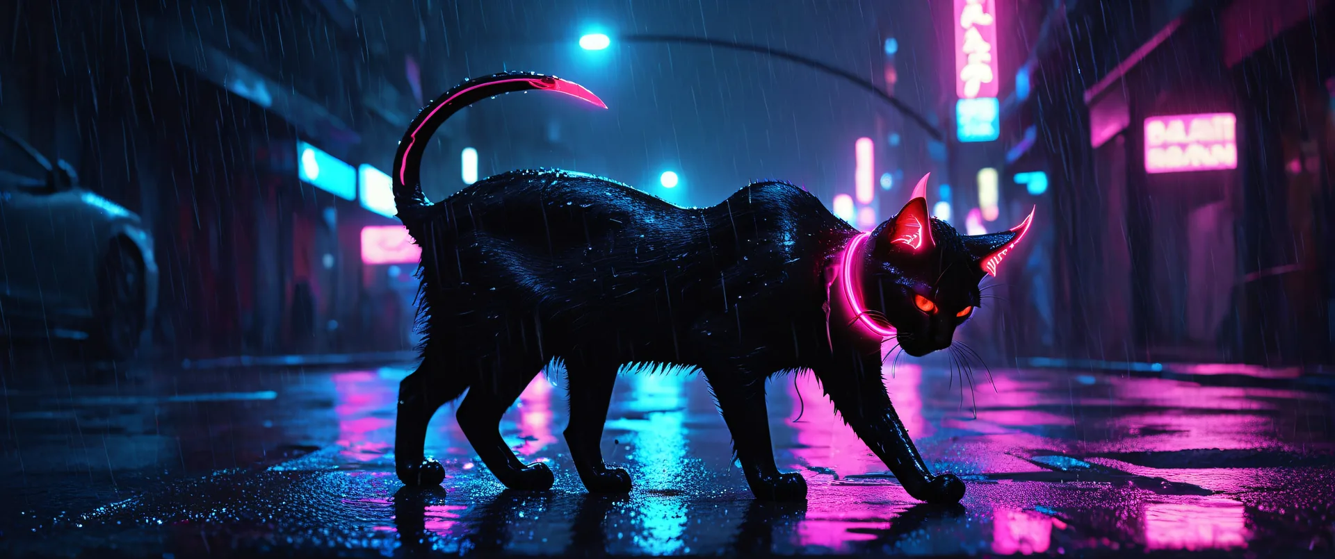 Gato negro con luces neón caminando en calle lluviosa cyberpunk