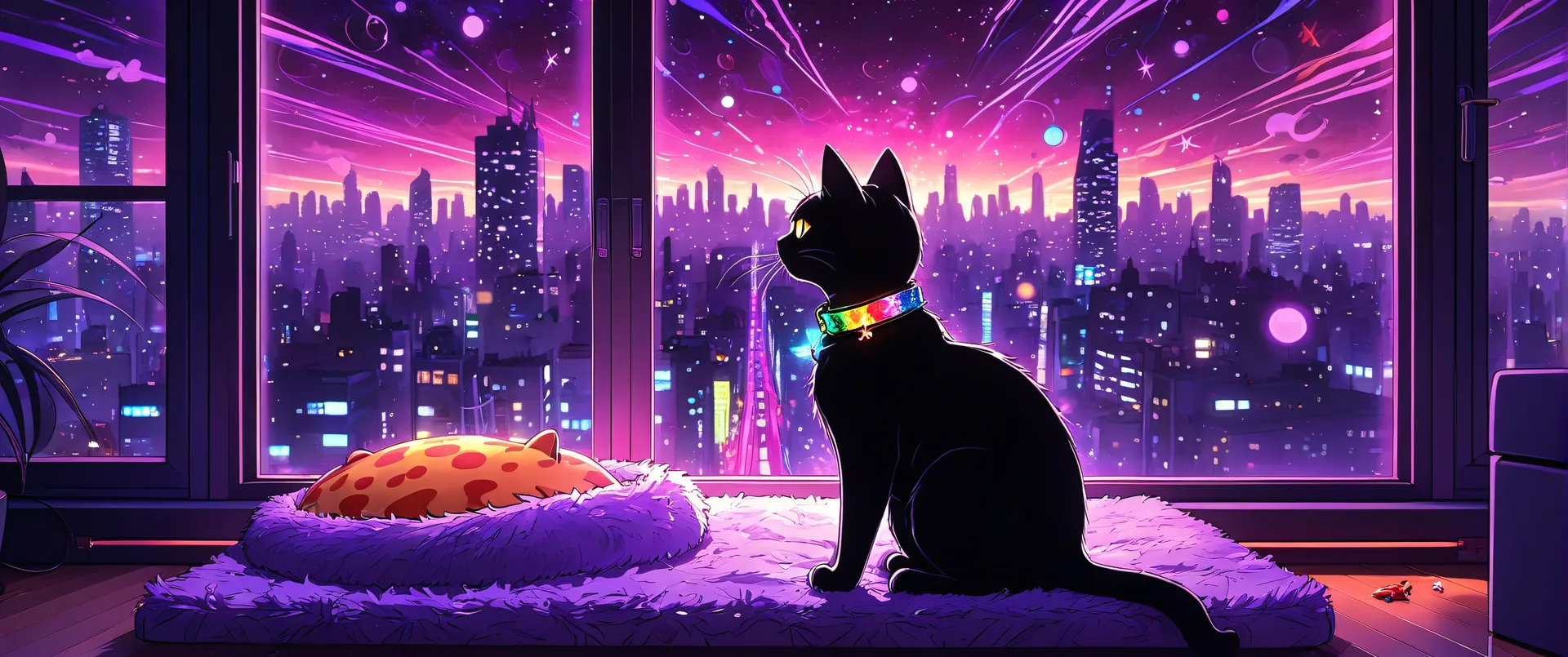 Gato negro sentado frente a ventana con vista de ciudad neón