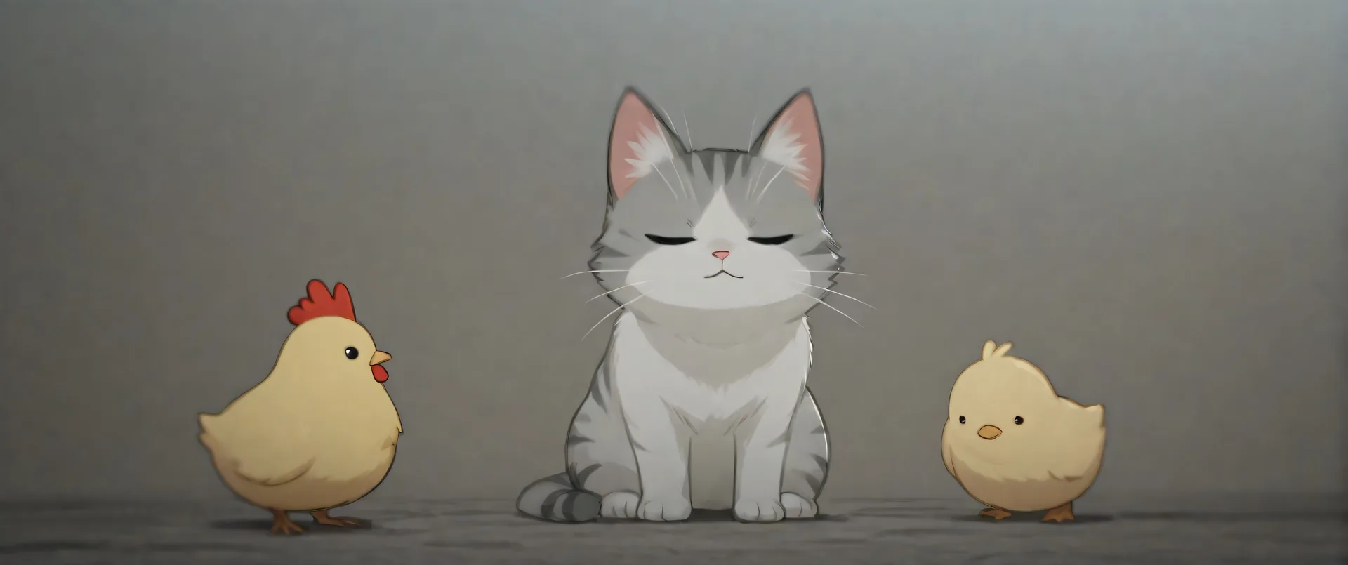 Gato gris con dos aves pequeñas sobre fondo gris uniforme