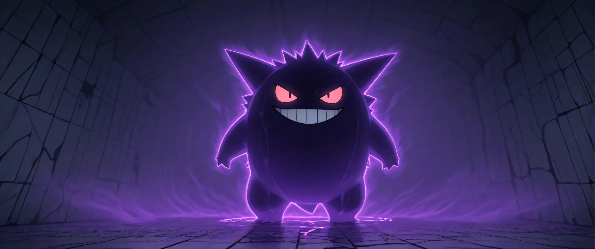 Gengar con aura púrpura en túnel de piedra