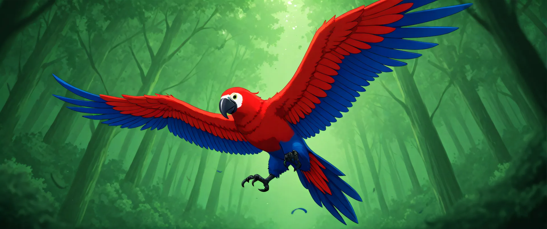 Guacamayo rojo y azul volando con las alas extendidas en la selva
