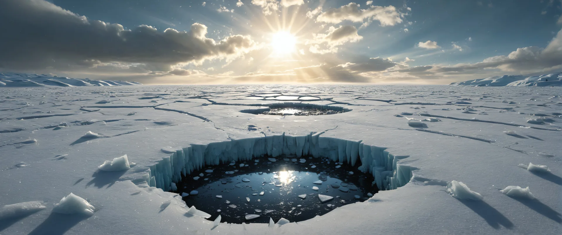 Agujeros en hielo sobre extensión de nieve con sol brillante