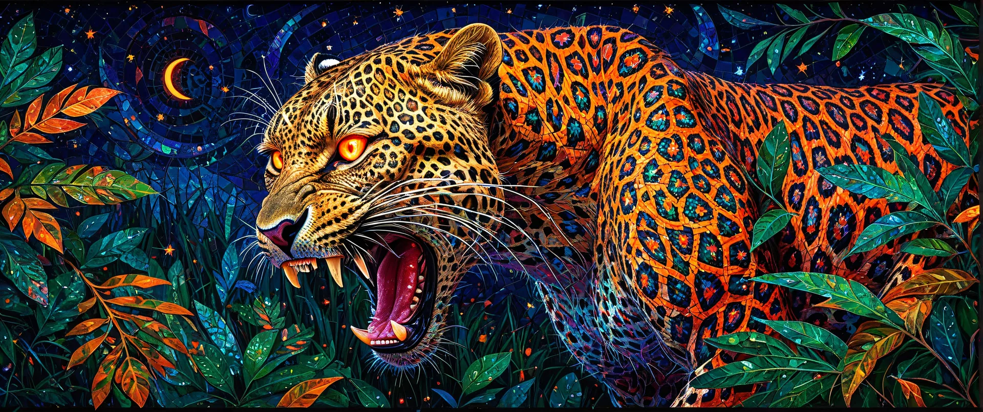 Leopardo en medio de follaje con fondo estrellado nocturno