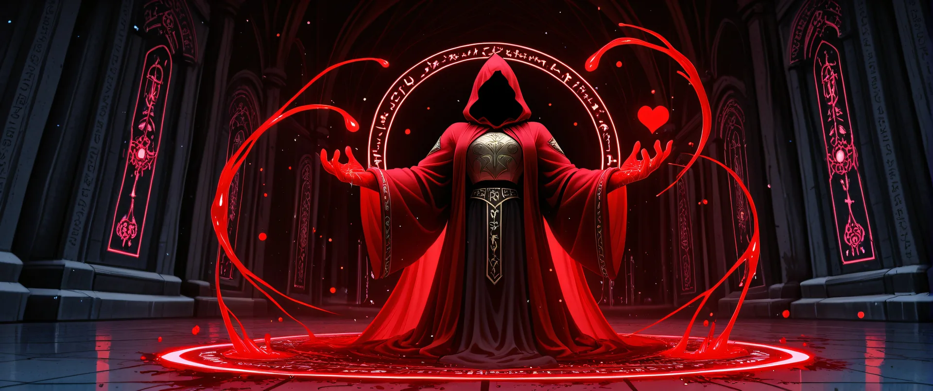 Personaje en capa roja frente a círculo mágico brillante