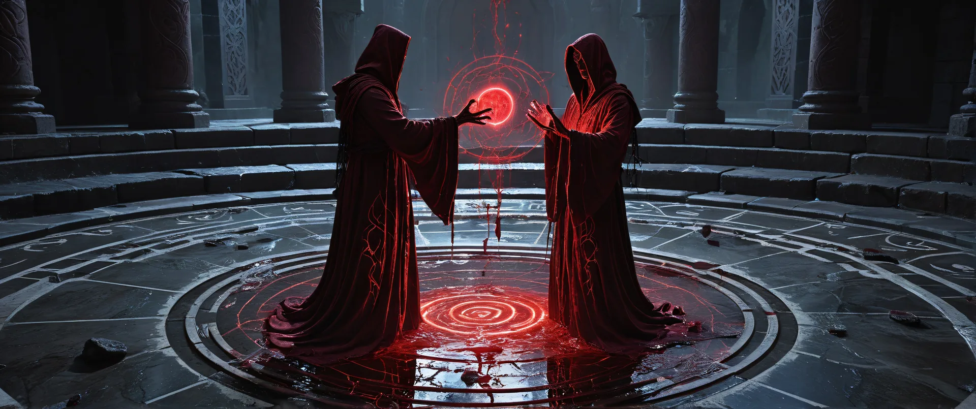 Dos figuras en capas rojas realizando un ritual sobre círculo luminoso