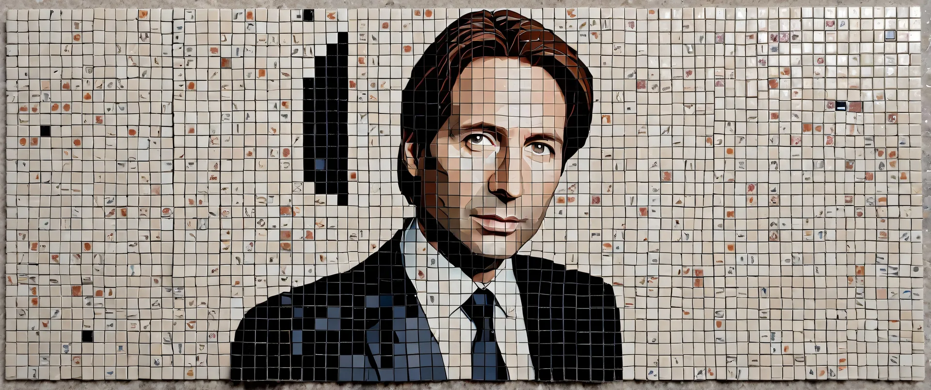 Retrato de hombre en traje con mosaico de azulejos