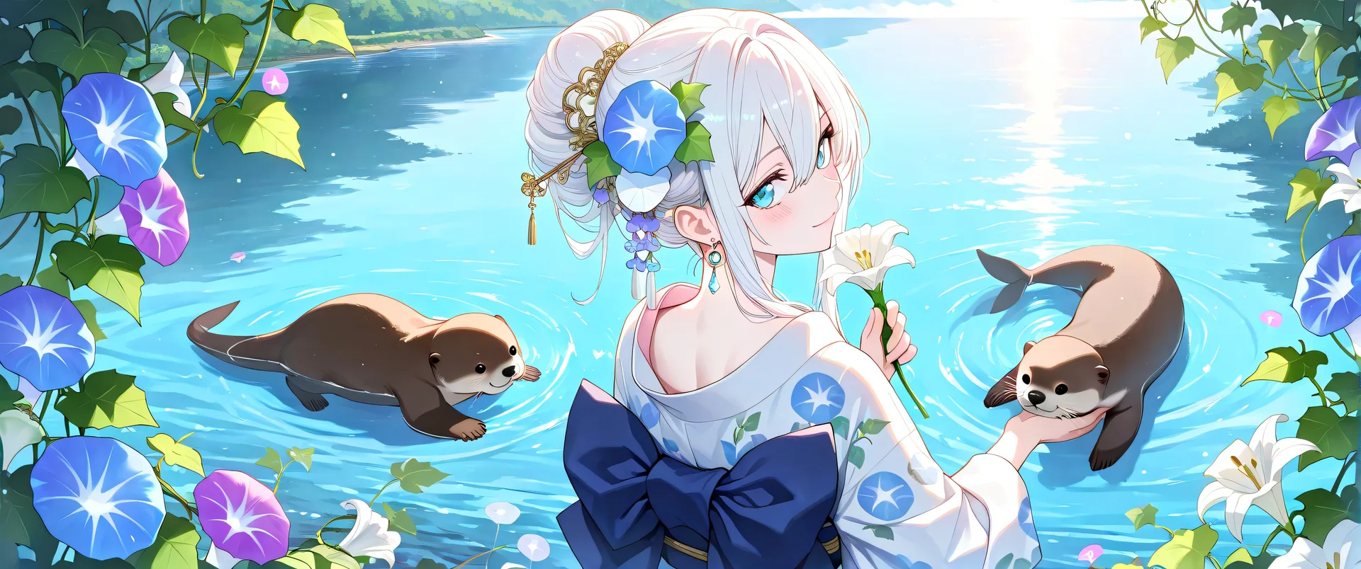 Mujer anime con dos nutrias en lago rodeado de flores azules