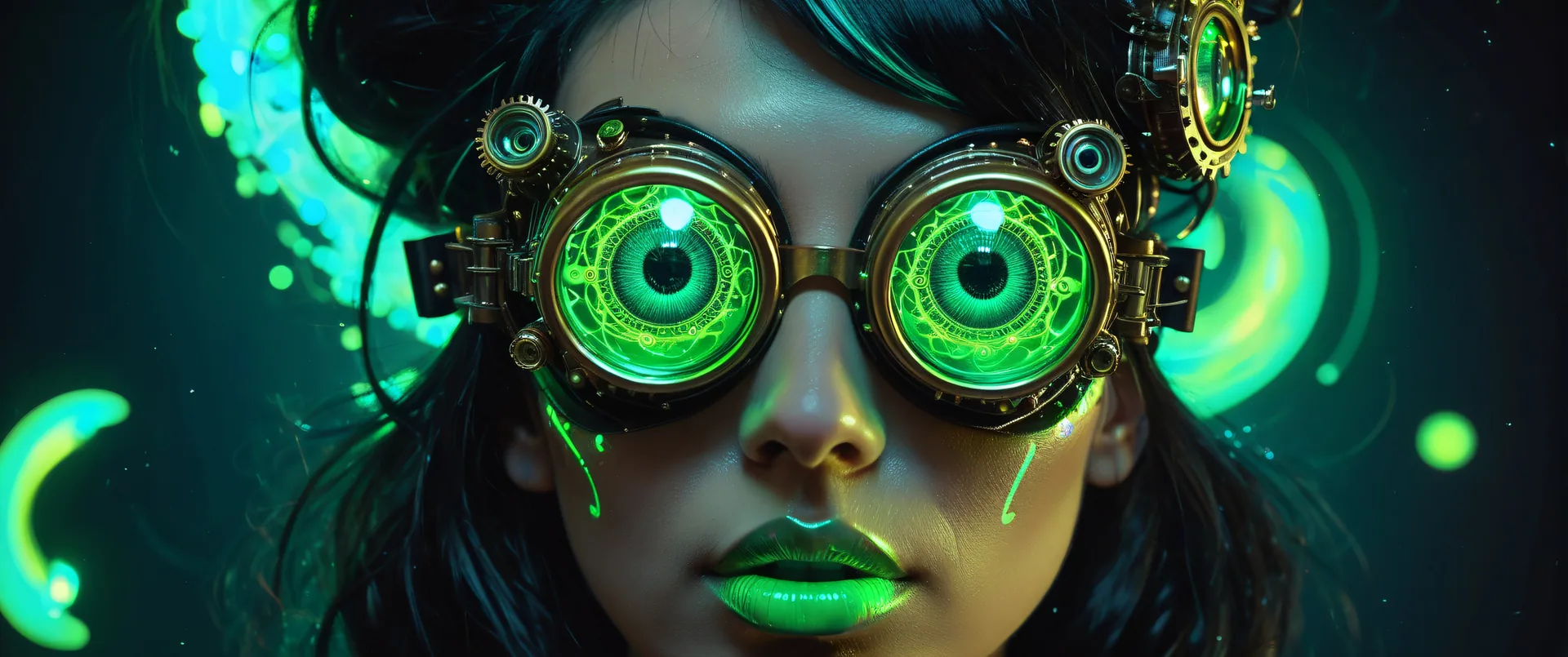 Mujer con gafas mecánicas y lentes verdes brillantes en entorno oscuro