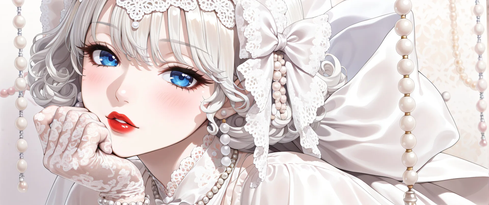 Persona con cabello blanco y vestido adornado con perlas