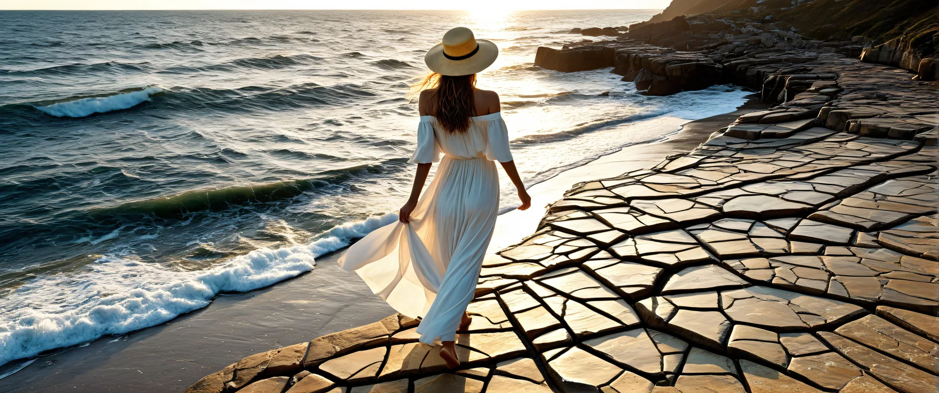 Joven caminando por costa con tierra seca y olas