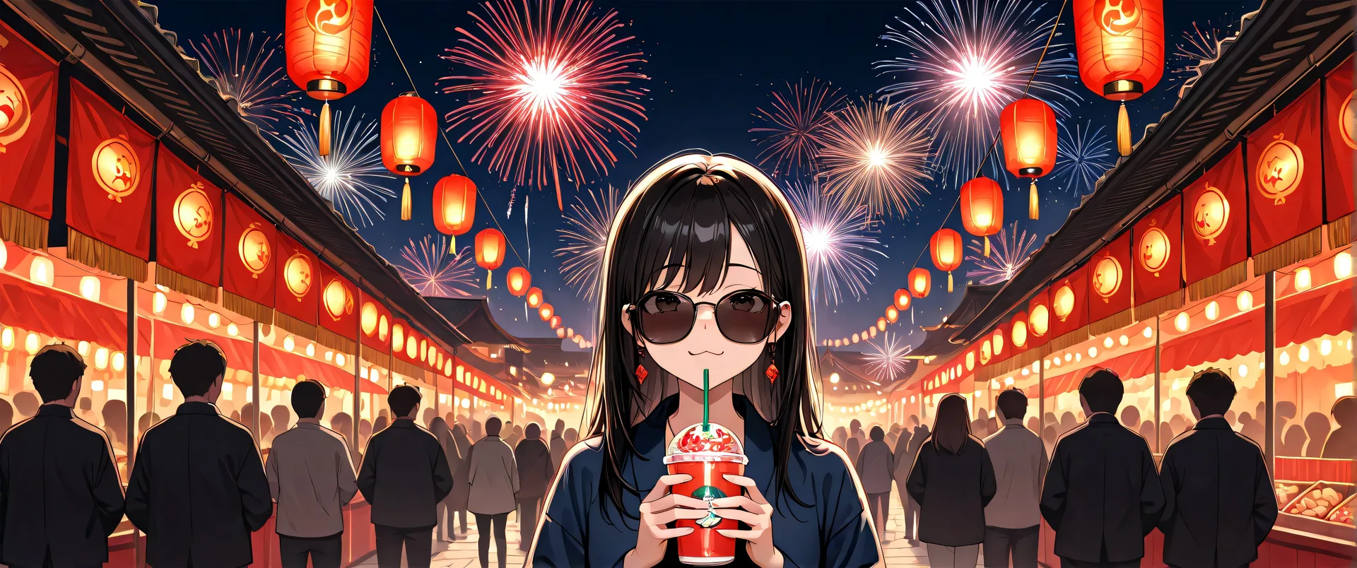 Joven con gafas sosteniendo un refresco en calle festiva iluminada