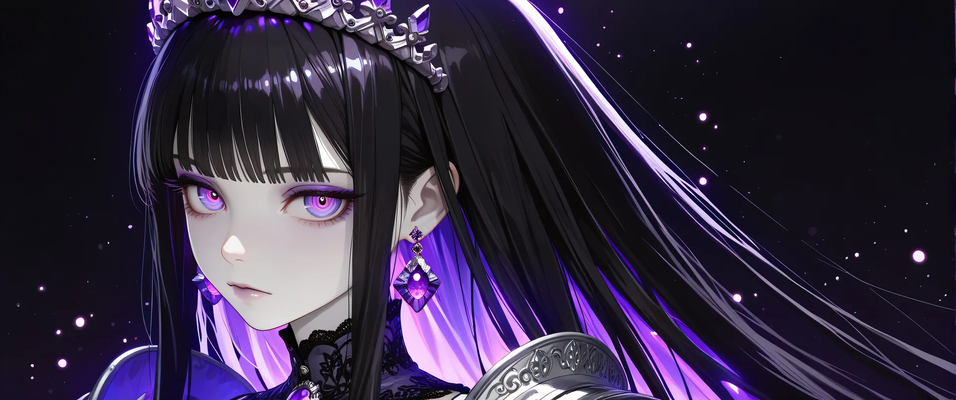 Chica anime con cabello negro y ojos púrpura bajo cielo estrellado