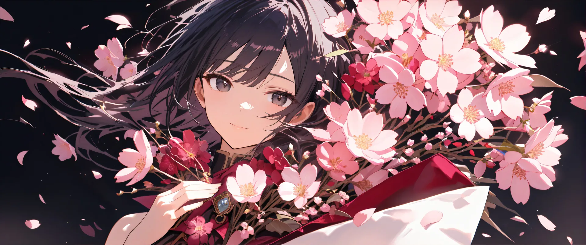 Niña sosteniendo ramo de flores rosadas en entorno oscuro