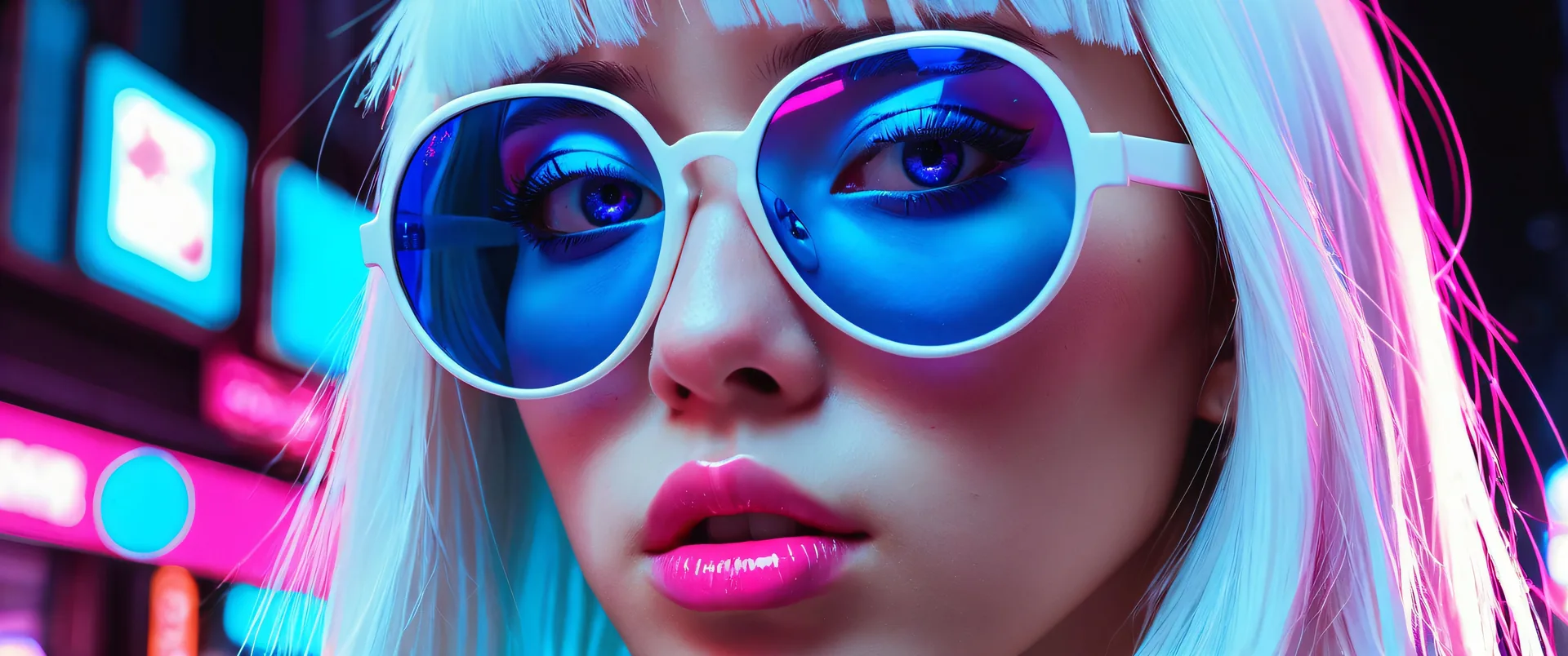 Chica joven con gafas redondas y cabello blanco bajo luces neón