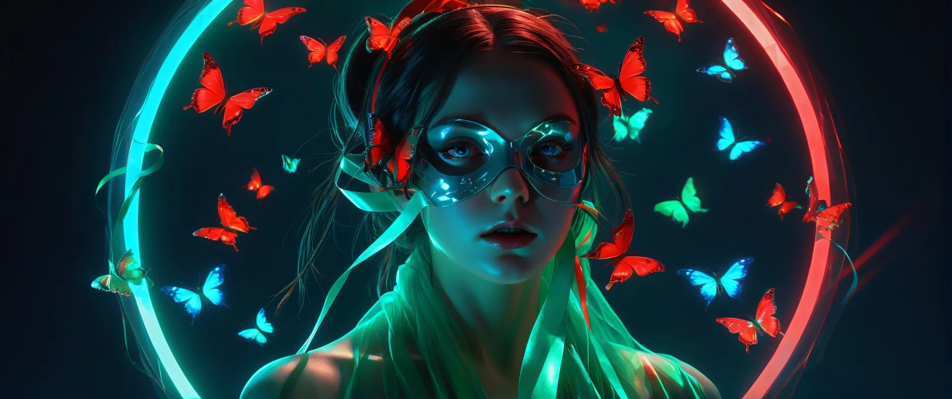 Chica con máscara y mariposas neón en círculos luminosos