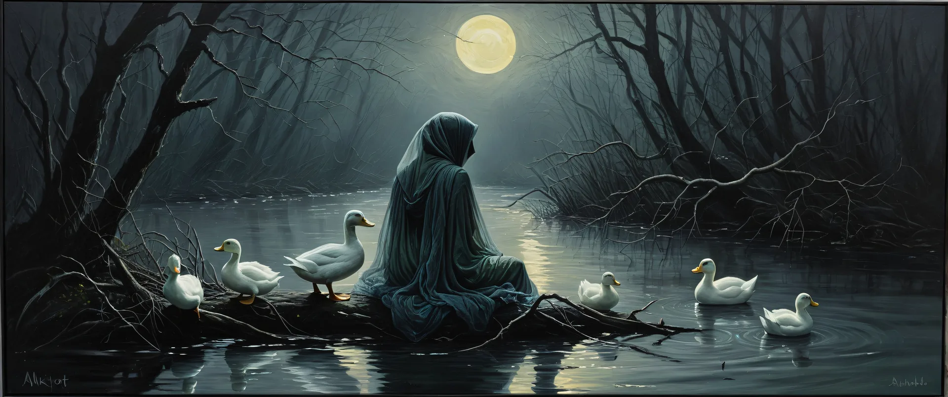 Niña con capa sentada en rama flotante entre patos y árboles oscuros