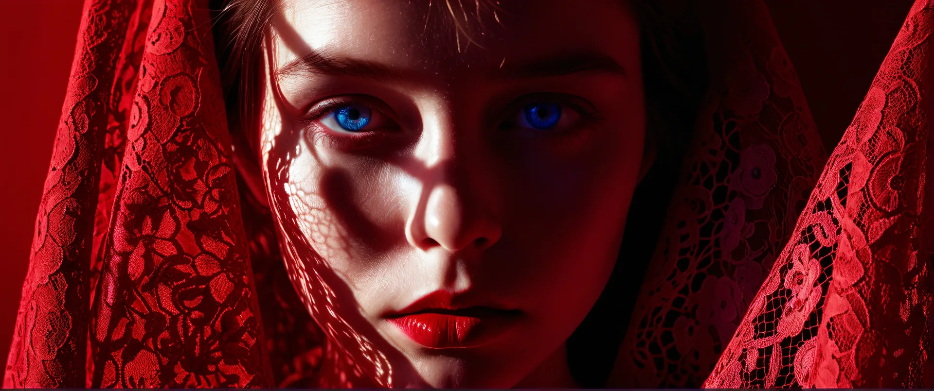 Niña joven con velo rojo bordado y ojos azules bajo luz dramática