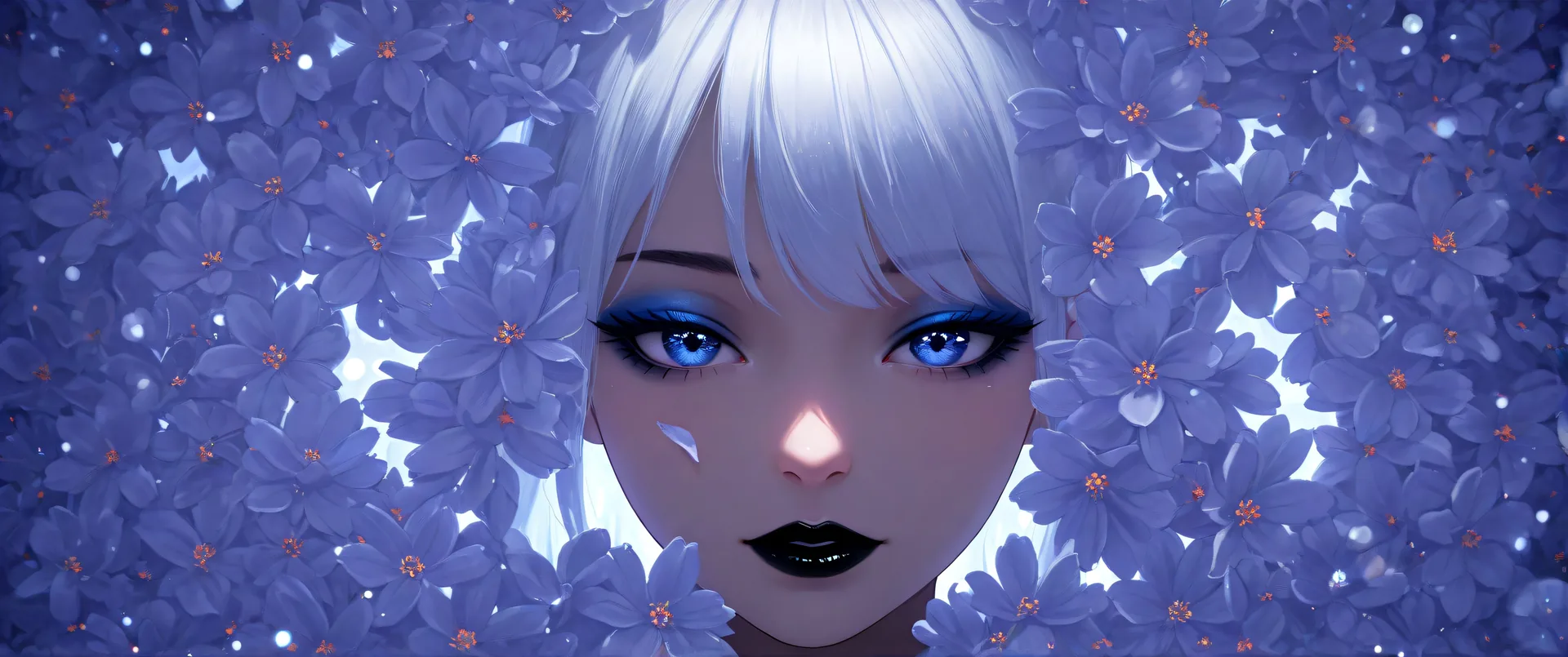 Chica con cabello blanco entre flores púrpuras brillantes