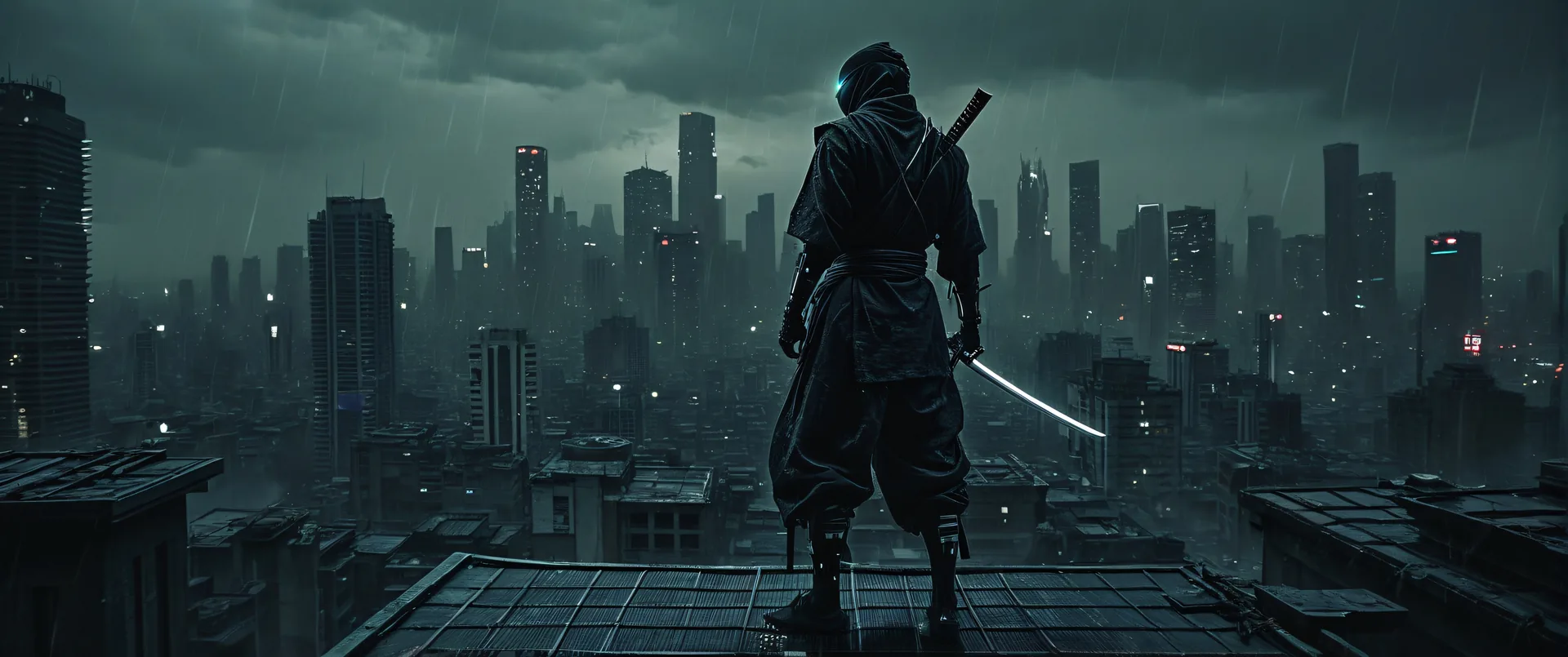 Ninja de espaldas sobre tejado con ciudad futurista al fondo bajo lluvia