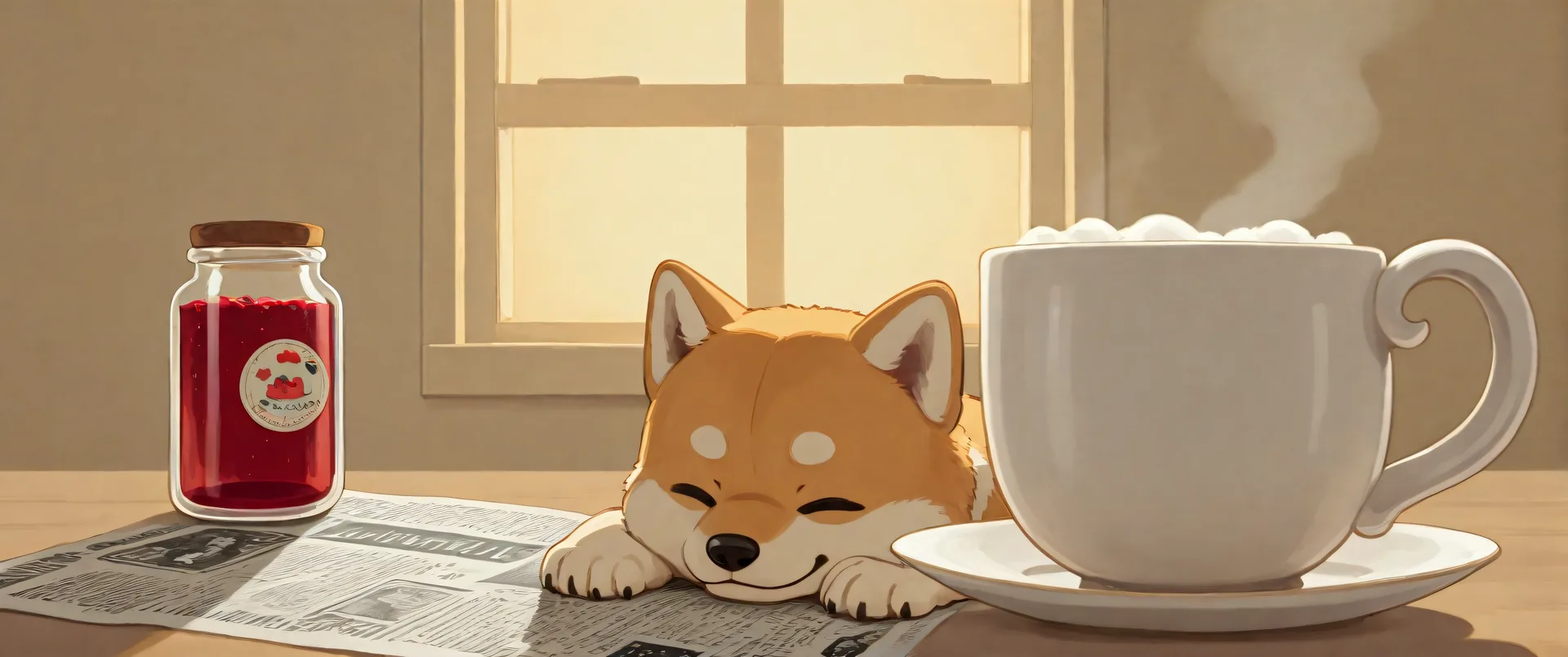 Perro shiba inui descansando sobre periódico junto a taza de café