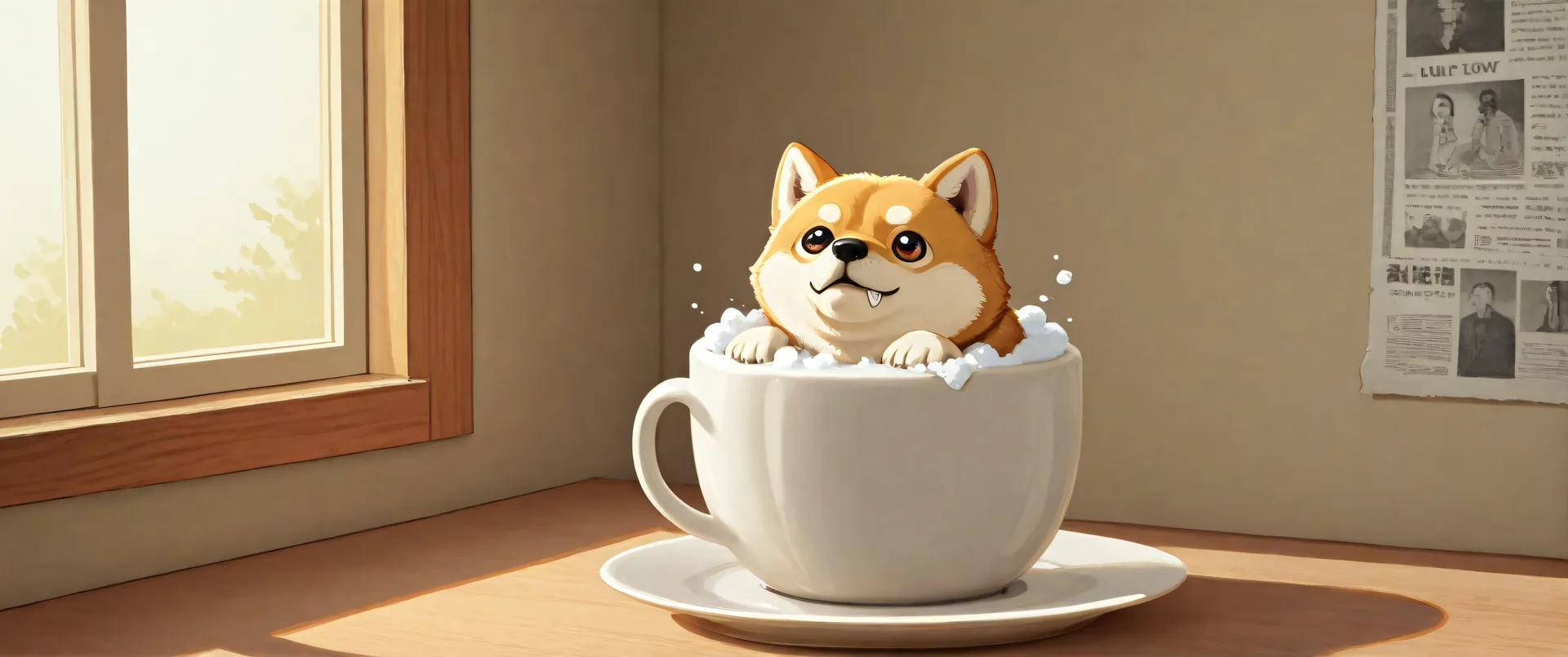 Perro caricatura en taza con espuma sobre mesa
