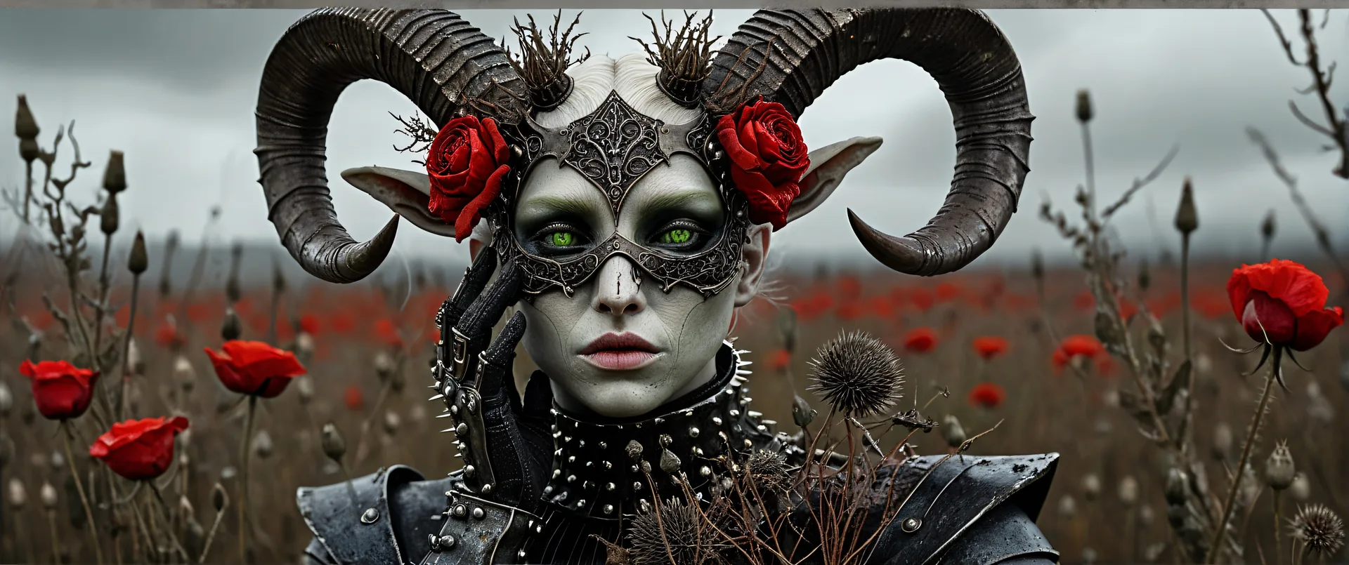 Personaje con cuernos y máscara entre flores rojas