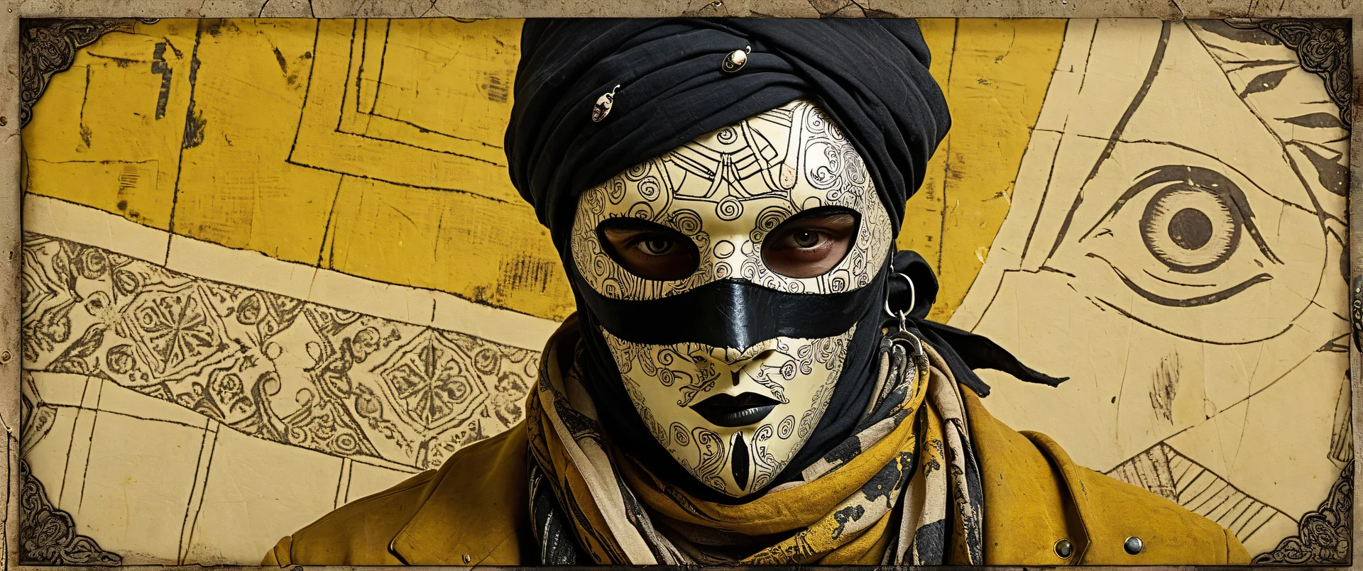 Personaje con máscara decorada y fondo gráfico amarillo