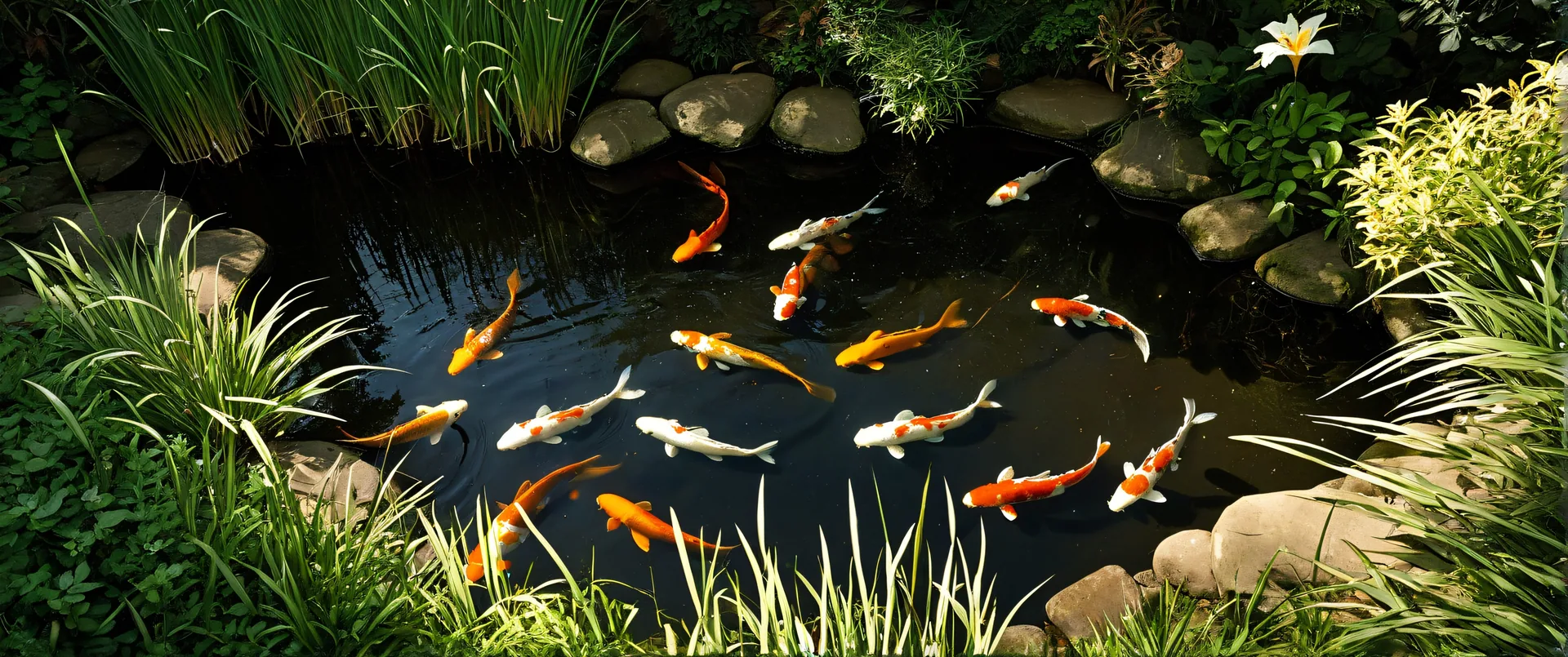 Koi nadando en estanque rodeado de plantas y piedras