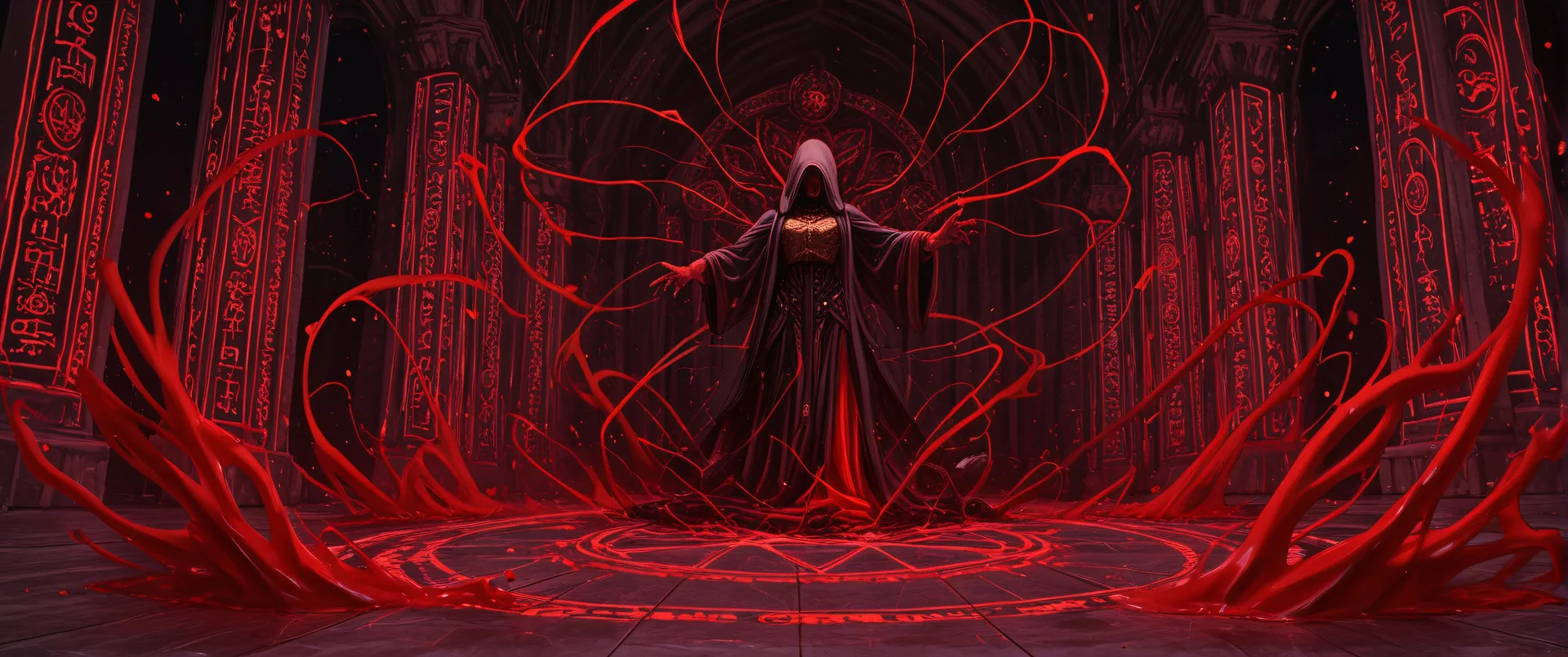 Sacerdotisa con energía roja en templo antiguo