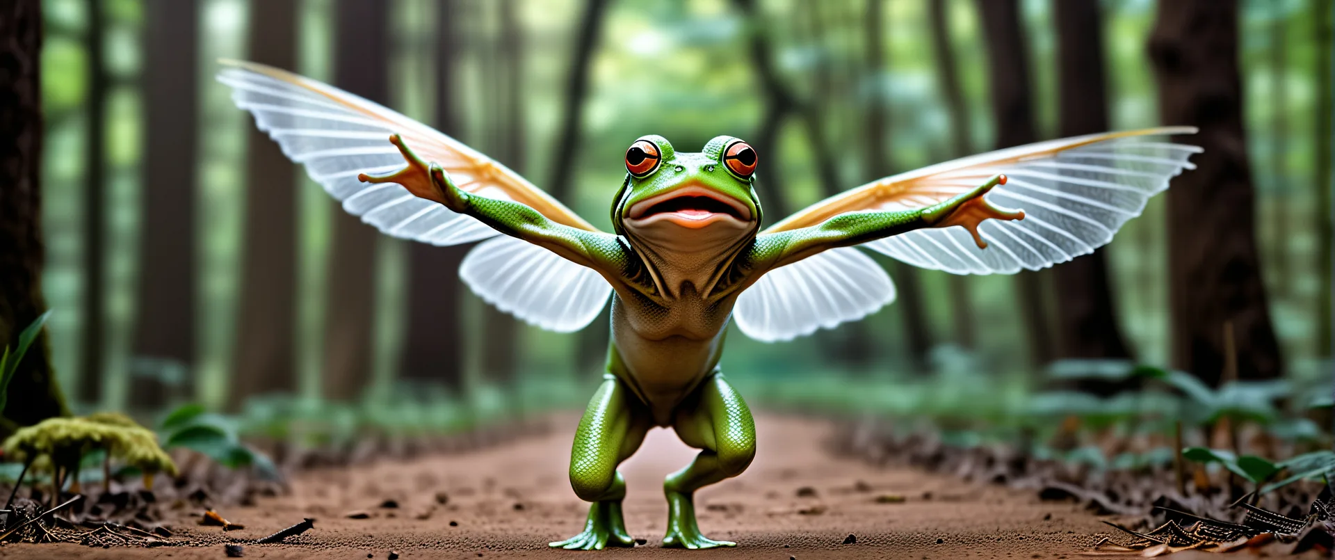 Sapo con alas blancas en sendero forestal