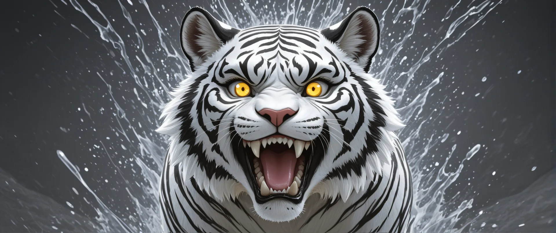 Tigre blanco rugiendo con agua salpicando en fondo gris