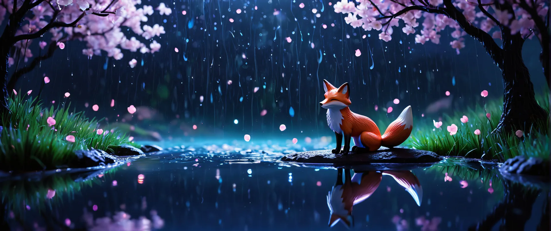 Zorro sentado bajo árboles florecidos durante una lluvia nocturna