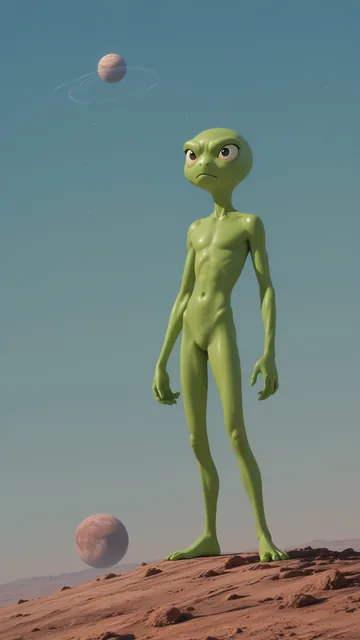Alien de color verde en un entorno desértico extraterrestre