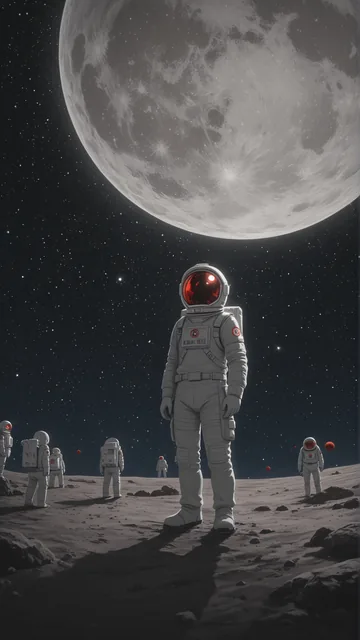 Astronauta en superficie lunar con luna grande al fondo