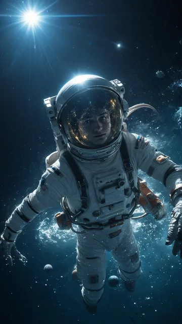 Astronauta en traje espacial rodeado de estrellas y cuerpos celestes