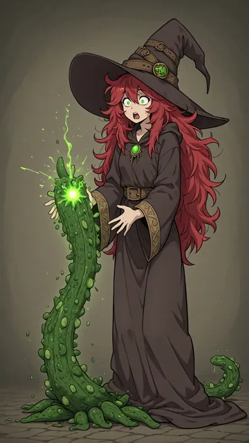 Bruja con capa larga y sombrero sosteniendo criatura verde luminosa