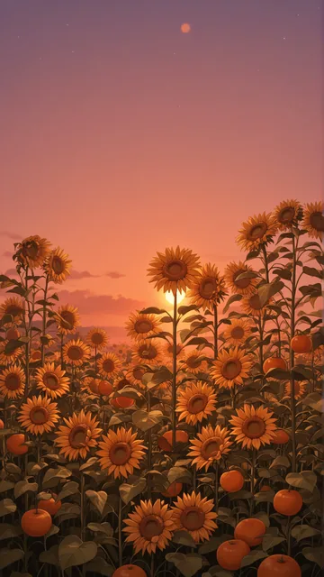 Campo de girasoles con flores altas y cielo crepuscular