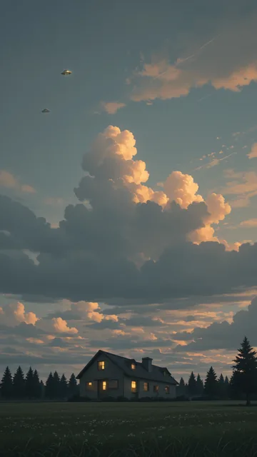 Casa rural en campo abierto con nubes grandes y dos ovnis en el cielo