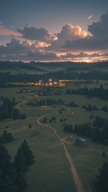 Vista aérea de una propiedad rural en campo abierto al atardecer