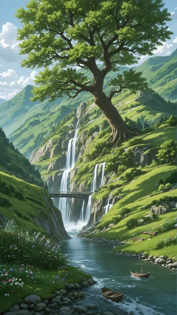 Cascada en montaña con árbol y río flotante