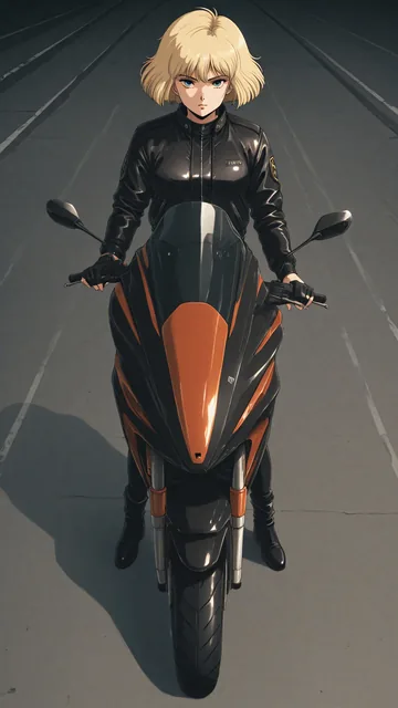 Chica en moto deportiva sobre asfalto vacío