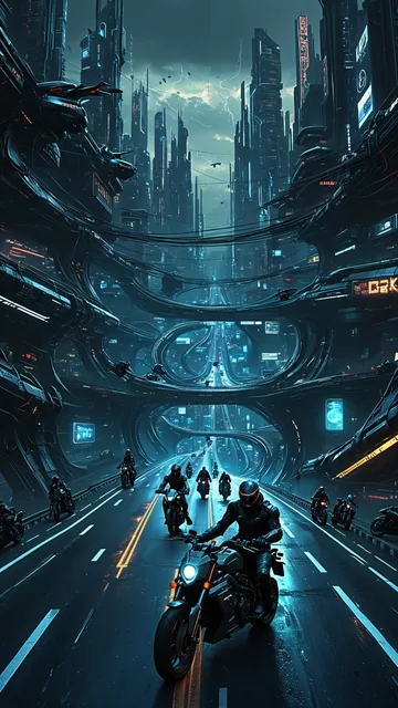 Personas en motocicletas transitando por vías urbanas futuristas