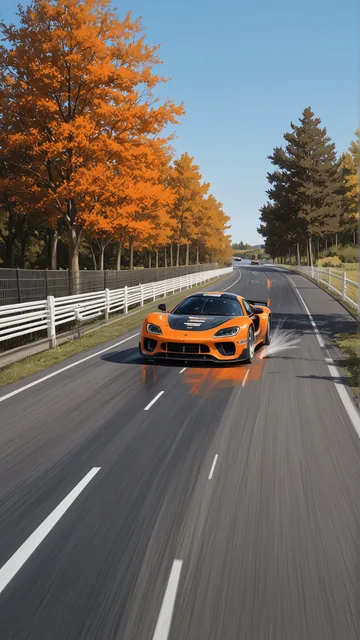 Coche deportivo en pista rodeado de árboles de otoño