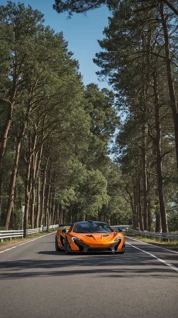 Coche deportivo naranja circulando por carretera arbolada