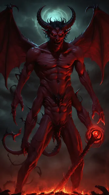 Demonio con alas y cola en entorno de fuego