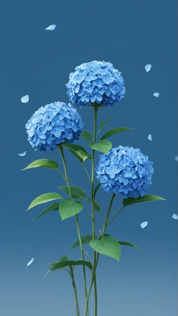 Tres flores azules con hojas verdes en fondo azul