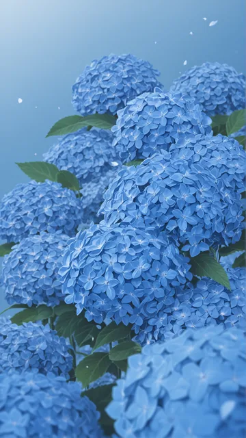 Grupo de flores azules con hojas verdes y fondo celeste
